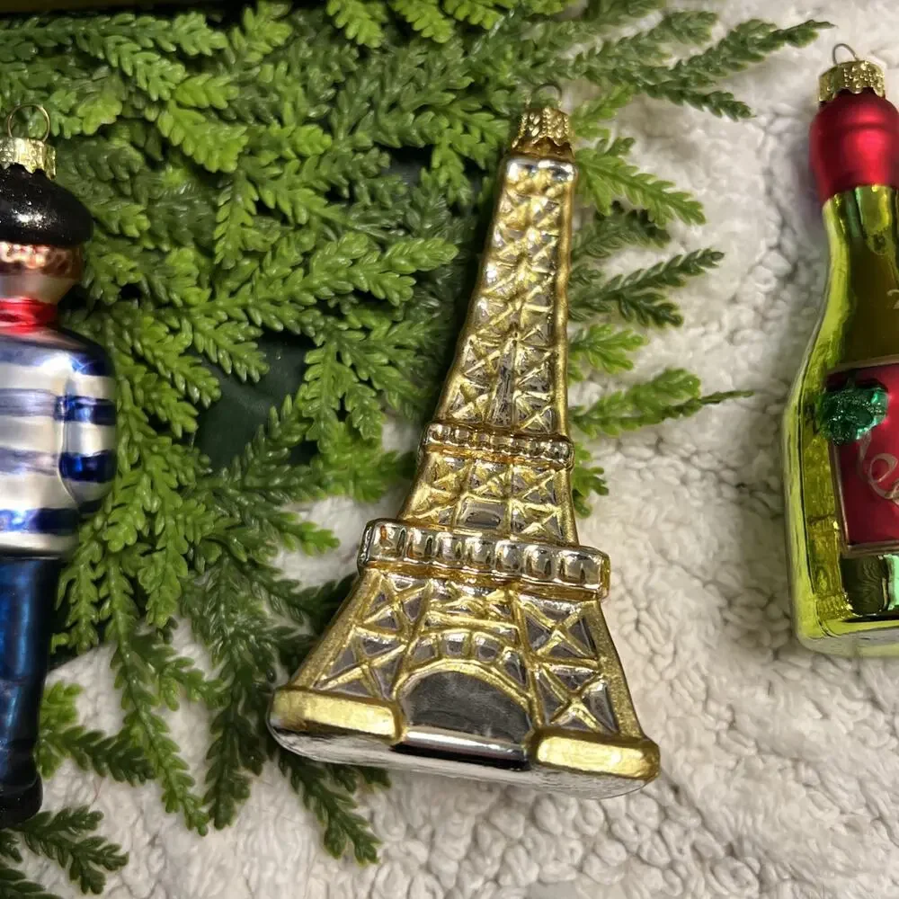 World Market Glass Christmas Ornaments Paris France Eiffel Tower Champagne Art